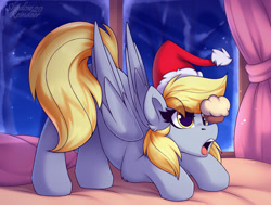 Size: 1850x1400 | Tagged: safe, artist:shadowreindeer, derpy hooves, pegasus, pony, g4, balancing, bed, christmas, cute, derpabetes, eye clipping through hair, face down ass up, female, food, hat, holiday, indoors, mare, muffin, on bed, open mouth, ponies balancing stuff on their nose, santa hat, snow, solo, window