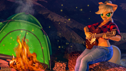Size: 3840x2160 | Tagged: safe, artist:jhaller, applejack, firefly (insect), insect, anthro, g4, 3d, camp, campfire, camping, clothes, female, flannel shirt, front knot midriff, guitar, hat, high res, jeans, log, logs, looking at you, midriff, musical instrument, pants, sitting, smiling at you, solo, source filmmaker, tent, tree