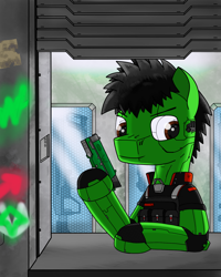 Size: 1200x1500 | Tagged: safe, artist:zocidem, oc, oc only, oc:wrench, earth pony, pony, armor, augmented, cyberponk, cyberpunk 2077, digital art, earth pony oc, male, male oc, shop, shopkeeper, solo, stallion, stallion oc, weapon