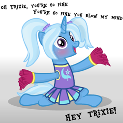 Size: 1000x1000 | Tagged: safe, artist:grapefruitface1, trixie, pony, unicorn, g4, base used, blushing, cheerleader trixie, clothes, looking at you, lyrics, narcissism, pigtails, show accurate, singing, solo, song reference, splits, text, toni basil, twintails
