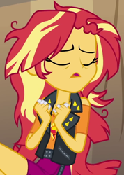 Size: 770x1080 | Tagged: safe, screencap, sunset shimmer, equestria girls, equestria girls specials, g4, my little pony equestria girls: better together, my little pony equestria girls: rollercoaster of friendship, cropped, eyes closed, female, geode of empathy, magical geodes, messy hair, solo
