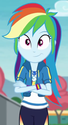 Size: 510x930 | Tagged: safe, screencap, rainbow dash, equestria girls, equestria girls specials, g4, my little pony equestria girls: better together, my little pony equestria girls: rollercoaster of friendship, cropped, crossed arms, cute, dashabetes, female, geode of super speed, magical geodes, smiling, solo