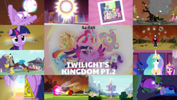 Size: 1986x1117 | Tagged: safe, edit, edited screencap, editor:quoterific, screencap, applejack, discord, fluttershy, lord tirek, pinkie pie, princess cadance, princess celestia, princess luna, rainbow dash, rarity, spike, twilight sparkle, alicorn, pony, g4, twilight's kingdom, golden oaks library, mane seven, mane six, rainbow power, scorpan's necklace, twilight sparkle (alicorn), twilight's castle