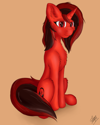 Size: 2184x2728 | Tagged: safe, artist:flapstune, oc, oc only, oc:flaps tune, pony, unicorn, cutie mark, female, fluffy, high res, horn, looking at you, mare, orange background, signature, simple background, sitting, smiling, solo