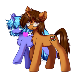 Size: 2300x2300 | Tagged: safe, artist:distant_sound_, artist:遐音, oc, oc only, oc:knowledge mixing, pony, unicorn, 2021 community collab, derpibooru community collaboration, chest fluff, cute, duo, glasses, heart, high res, looking at you, lunabetes, race swap, s1 luna, simple background, sisters-in-law, smiling, transparent background