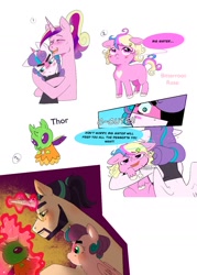 Size: 1024x1428 | Tagged: safe, artist:aztrial, princess cadance, princess flurry heart, shining armor, oc, oc:bitterroot rose, alicorn, earth pony, pony, unicorn, g4, beard, blushing, brother and sister, facial hair, female, glasses, hug, implied thorax, male, messy mane, offspring, older, older flurry heart, older princess cadance, older shining armor, parent:princess cadance, parent:shining armor, parents:shiningcadance, ponytail, siblings, tsundere