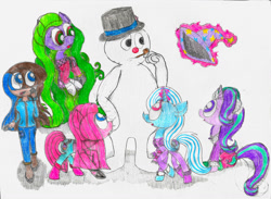 Size: 1024x749 | Tagged: safe, artist:mlpadventures, mane-iac, starlight glimmer, trixie, human, pony, unicorn, g4, clothes, frosty the snowman, group, hat, snowman, trixie's hat