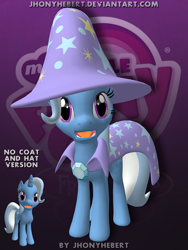 Size: 600x800 | Tagged: safe, artist:jhonyhebert, trixie, pony, unicorn, g4, 3d, cape, clothes, female, hat, looking at you, mare, my little pony logo, open mouth, source filmmaker, trixie's cape, trixie's hat