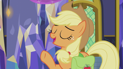 Size: 1920x1080 | Tagged: safe, screencap, applejack, earth pony, pony, g4, hearthbreakers, bag, eyes closed, female, mare, saddle bag, solo