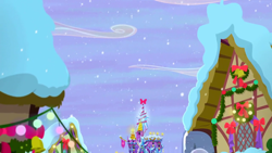 Size: 1280x720 | Tagged: safe, screencap, g4, hearthbreakers, background, christmas, christmas lights, hearth's warming, hearth's warming decorations, holiday, no pony, ponyville, scenic ponyville, snow, snowfall, twilight's castle, winter, wreath