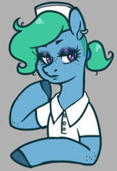 Size: 533x781 | Tagged: safe, artist:/d/non, oc, oc only, oc:livin' vein, earth pony, pony, ear piercing, eyeshadow, female, freckles, gray background, makeup, messy hair, nurse, nurse oc, piercing, side shave, simple background, solo