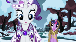 Size: 1920x1080 | Tagged: safe, screencap, clover the clever, princess platinum, rarity, twilight sparkle, pony, unicorn, g4, hearth's warming eve (episode), duo, female, mare