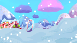 Size: 1280x720 | Tagged: safe, screencap, g4, hearthbreakers, background, candy, candy cane, equestria, food, gingerbread (food), gingerbread house, no pony, scenic ponyville, snow, snowfall