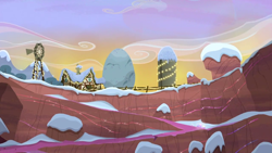 Size: 1280x720 | Tagged: safe, screencap, g4, hearthbreakers, background, christmas, christmas lights, hearth's warming, holder's boulder, holiday, no pony, quarry, rock farm, scenic ponyville, snow, winter