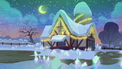 Size: 1280x720 | Tagged: safe, screencap, g4, hearthbreakers, background, christmas, christmas lights, crescent moon, hearth's warming, holiday, moon, night, no pony, rock farm, scenic ponyville, snow, winter