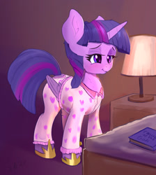 Size: 1877x2095 | Tagged: safe, artist:xbi, twilight sparkle, alicorn, pony, g4, bed, book, clothes, cute, female, folded wings, hoof shoes, lamp, mare, pajamas, smiling, solo, twiabetes, twilight sparkle (alicorn), wings