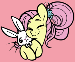 Size: 800x670 | Tagged: safe, artist:/d/non, angel bunny, fluttershy, pony, rabbit, g4, the last problem, :t, animal, blushing, bust, cheek squish, cute, duo, eyes closed, female, hairclip, hug, mare, older, older fluttershy, pink background, shyabetes, simple background, smiling, squishy cheeks, updo