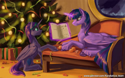 Size: 2000x1250 | Tagged: safe, artist:kirillk, twilight sparkle, oc, oc:nyx, alicorn, pony, g4, book, christmas, christmas tree, couch, duo, holiday, present, tree, twilight sparkle (alicorn), window