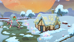 Size: 1280x720 | Tagged: safe, screencap, g4, hearthbreakers, background, candy, candy cane, food, hearth's warming, hearth's warming decorations, holder's boulder, no pony, rock farm, scenic ponyville, snow, winter
