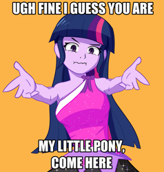 Size: 1957x2056 | Tagged: safe, artist:artiks, twilight sparkle, equestria girls, g4, :i, bronybait, caption, clothes, disgruntled, dress, female, image macro, impact font, looking at you, meme, my little pogchamp, orange background, ponified meme, rainbow rocks outfit, scrunchy face, simple background, solo, text, title drop, tsundere, tsunlight sparkle, twilight sparkle is not amused, unamused