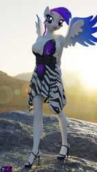 Size: 2160x3840 | Tagged: safe, artist:shadowboltsfm, oc, oc only, oc:inkwell stylus, anthro, plantigrade anthro, 3d, 4k, alicorn wings, blender, breasts, clothes, cute, dress, eyelashes, feet, hands behind back, high heels, high res, lens flare, lipstick, looking at you, nail polish, not sfm, open-toed shoes, shoes, smiling, solo, toes, wings