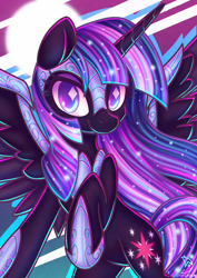 Size: 1600x2264 | Tagged: safe, artist:wavecipher, twilight sparkle, alicorn, pony, female, gameloft, gameloft interpretation, hoof shoes, looking at you, mare, nightmare twilight, nightmarified, solo, spread wings, wings