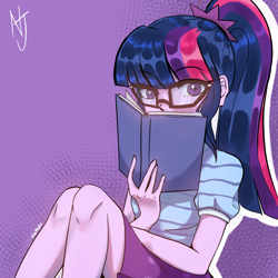 Size: 2000x2000 | Tagged: safe, artist:niorsaj, sci-twi, twilight sparkle, equestria girls, equestria girls series, g4, book, glasses, high res, knees, looking at you, purple background, simple background, sitting, solo