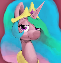 Size: 3096x3161 | Tagged: safe, artist:greatspacebeaver, princess celestia, pony, bust, crown, female, high res, jewelry, lidded eyes, looking at you, mare, pinklestia, portrait, red background, regalia, simple background, solo