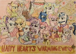 Size: 1937x1372 | Tagged: safe, artist:gibina4ever, apple bloom, applejack, discord, fluttershy, li'l cheese, pinkie pie, princess cadance, princess celestia, princess flurry heart, princess luna, rainbow dash, rarity, scootaloo, shining armor, spike, sweetie belle, twilight sparkle, alicorn, draconequus, dragon, earth pony, pegasus, pony, unicorn, g4, the last problem, alicorn pentarchy, alternate hairstyle, beard, christmas, christmas stocking, christmas tree, clothes, cutie mark crusaders, facial hair, female, fire, fireplace, gigachad spike, group, happy hearth's warming, holiday, looking at each other, male, mane seven, mane six, older, older apple bloom, older applejack, older cmc, older flurry heart, older fluttershy, older mane seven, older mane six, older pinkie pie, older rainbow dash, older rarity, older scootaloo, older shining armor, older spike, older sweetie belle, older twilight, older twilight sparkle (alicorn), princess twilight 2.0, scarf, ship:shiningcadance, shipping, straight, sweater, sweatershy, traditional art, tree, twilight sparkle (alicorn)
