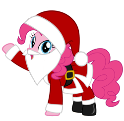 Size: 1050x1024 | Tagged: artist needed, safe, pinkie pie, earth pony, pony, g4, belt, boots, christmas, clothes, costume, fake beard, female, hat, holiday, looking at you, mare, raised hoof, santa beard, santa claus, santa costume, santa hat, shoes, simple background, solo, transparent background, vector