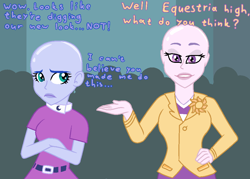 Size: 1020x732 | Tagged: safe, artist:jpgr, princess celestia, princess luna, principal celestia, vice principal luna, equestria girls, g4, bald, clothes, crossed arms, dialogue, duo, eyelashes, female, frown, hand on hip, makeup, shaved, siblings, sisters, smiling