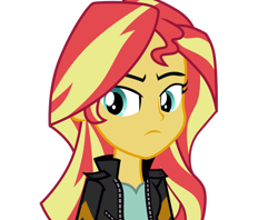 Size: 2755x2177 | Tagged: safe, artist:riariirii2, sunset shimmer, equestria girls, g4, bust, clothes, eyelashes, female, frown, high res, jacket, simple background, solo, transparent background