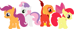Size: 3569x1423 | Tagged: safe, artist:porygon2z, apple bloom, scootaloo, sweetie belle, oc, oc:heatwave, griffon, hippogriff, g4, blank flank, bloom butt, butt, cutie mark crusaders, featureless crotch, female, filly, fledgeling, plot, scootabutt, simple background, sweetie butt, transparent background