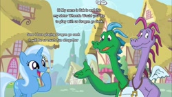 Size: 1280x720 | Tagged: safe, edit, edited screencap, screencap, trixie, dragon, pony, unicorn, g4, crossover, dialogue, dragon tales, dragoness, female, grammar error, male, mare, multiple heads, trio, two heads, two-headed dragon, voice actor joke, wheezie, wtf, zak, zak and wheezie