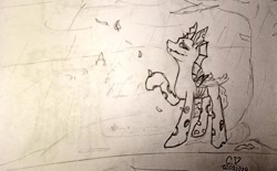 Size: 1024x636 | Tagged: safe, artist:chet_volaner, oc, oc only, oc:chet volaner, changeling, crying, fanfic art, leaves, monochrome, photo, ponyville, rain, solo, tears of joy, traditional art, tree