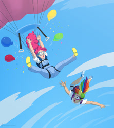 Size: 1155x1300 | Tagged: safe, artist:carnifex, pinkie pie, rainbow dash, human, g4, air ponyville, balloon, clothes, commission, goggles, harness, humanized, overalls, parachute, skydiving, tack