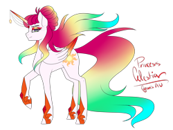 Size: 1600x1200 | Tagged: safe, artist:minelvi, princess celestia, alicorn, pony, g4, alternate hairstyle, female, hair bun, horn, horn jewelry, jewelry, mare, raised hoof, redesign, signature, simple background, smiling, solo, transparent background