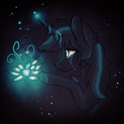 Size: 1048x1048 | Tagged: safe, artist:rxndxm.artist, oc, oc only, pony, unicorn, bust, crying, flower, glowing horn, horn, magic, telekinesis, unicorn oc