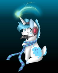 Size: 1080x1350 | Tagged: safe, artist:rxndxm.artist, oc, oc only, pony, unicorn, clothes, controller, gradient background, headset, horn, mouth hold, scarf, sitting, smiling, sparking horn, unicorn oc