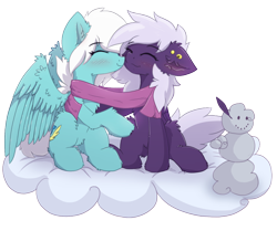 Size: 1280x1069 | Tagged: safe, artist:nighty, derpibooru exclusive, fleetfoot, oc, oc:nighty cloud, pegasus, pony, 2021 community collab, derpibooru community collaboration, alternate hairstyle, blushing, canon x oc, clothes, cloud, cutie mark, ear fluff, ear piercing, eyes closed, feather, female, fleetnight, fluffy, hug, lesbian, mare, piercing, scarf, shipping, simple background, sitting, smiling, snowman, spread wings, transparent background, wings