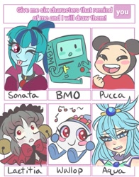 Size: 567x724 | Tagged: safe, alternate version, sonata dusk, equestria girls, g4, :d, ;p, adventure time, blush sticker, blushing, bmo, colored, crossover, female, heart, konosuba, lobotomy corporation, male, moshi monsters, one eye closed, pucca, sitting, six fanarts, tongue out