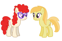 Size: 2305x1536 | Tagged: safe, artist:dangerousmare, noi, twist, earth pony, pony, g4, adult, base used, curly hair, curly mane, cute, cutie mark, duo, duo female, female, friends, glasses, lesbian, mare, noiabetes, noitwist, older, older noi, older twist, shipping, simple background, smiling, smirk, twistabetes, white background