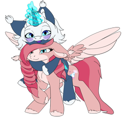 Size: 1600x1631 | Tagged: safe, artist:sundayrain, oc, oc:archimedes, oc:filly fête, pegasus, pony, unicorn, 2021 community collab, derpibooru community collaboration, blushing, cutie mark, female, group hug, group photo, hooves, hug, hugging a pony, looking at you, magic, pony on pony action, riding a pony, simple background, transparent background, two toned mane, two toned tail, two toned wings, wings