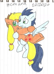 Size: 937x1286 | Tagged: safe, artist:cmara, applejack, soarin', earth pony, pegasus, pony, g4, applejack's hat, bridal carry, carrying, cowboy hat, female, hat, hug, male, mare, open mouth, ship:soarinjack, shipping, simple background, stallion, straight, traditional art, white background