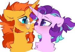Size: 513x361 | Tagged: safe, artist:mirtash, starlight glimmer, sunburst, pony, unicorn, beard, blaze (coat marking), blushing, bust, chest fluff, coat markings, cute, facial hair, facial markings, female, floppy ears, freckles, glasses, glimmerbetes, looking at each other, male, mare, shipping, simple background, stallion, starburst, straight, sunbetes, sunburst's glasses, tongue out, white background