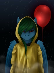 Size: 951x1280 | Tagged: safe, artist:imreer, oc, pegasus, anthro, balloon, commission, it, outdoors, pegasus oc, rain, raincoat, wings, ych result