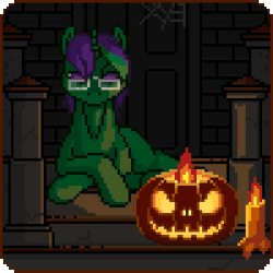 Size: 300x300 | Tagged: safe, artist:imreer, oc, oc only, pony, unicorn, animated, blinking, candle, commission, gif, glasses, halloween, holiday, horn, jack-o-lantern, lying down, pixel art, prone, pumpkin, solo, unicorn oc, ych result