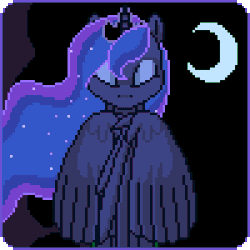 Size: 300x300 | Tagged: safe, artist:imreer, princess luna, oc, alicorn, pony, unicorn, g4, animated, blinking, commission, duo, ethereal mane, female, gif, horn, jewelry, lidded eyes, male, mare, peytral, pixel art, spread wings, stallion, starry mane, tiara, unicorn oc, wings, ych result