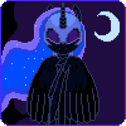 Size: 300x300 | Tagged: safe, artist:imreer, nightmare moon, oc, oc:verlo streams, alicorn, pony, unicorn, g4, animated, blinking, choker, commission, duo, ethereal mane, female, gif, helmet, horn, lidded eyes, male, mare, peytral, pixel art, spiked choker, spread wings, stallion, starry mane, unicorn oc, wings, ych result