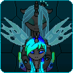 Size: 300x300 | Tagged: safe, artist:imreer, queen chrysalis, oc, oc:kryostasis, changeling, changeling queen, g4, animated, blinking, blushing, changeling oc, commission, duo, female, gif, lidded eyes, mare, pixel art, spread wings, wings, ych result